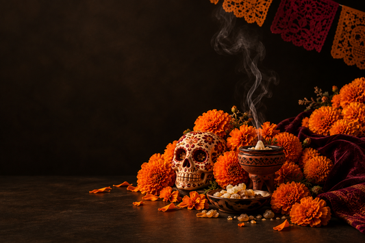 Día de Muertos ofrenda featuring a decorated calavera, glowing cempasúchil marigolds, copal smoke, traditional pottery, and papel picado against a dark background.