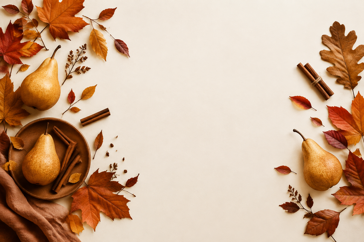 Autumn scene with pears, cinnamon sticks, fall leaves, and a terracotta cloth arranged around a light neutral background.