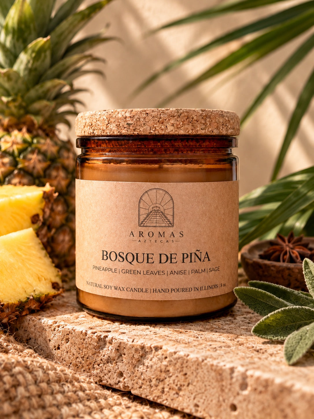 Aromas Aztecas Bosque de Piña candle in an amber glass jar with a cork lid, styled on a natural stone surface with pineapple, green leaves, palm foliage, sage, and star anise in warm golden light.