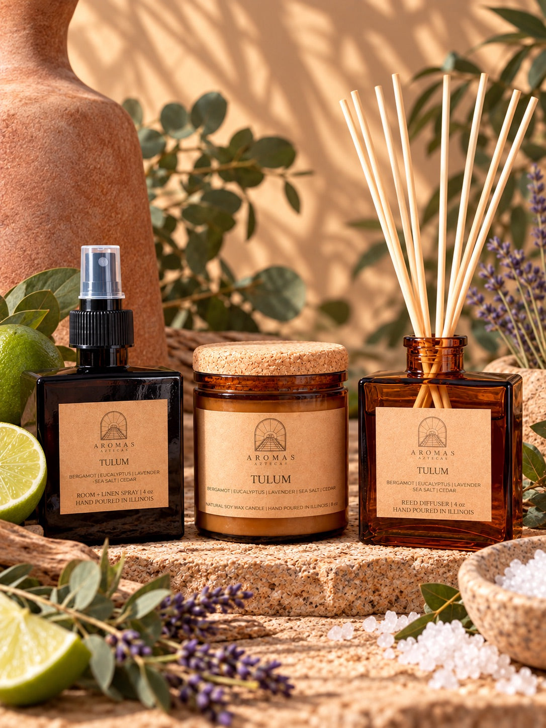 Aromas Aztecas Aguamiel fragrance collection featuring an amber glass room + linen spray, amber glass soy candle, and amber glass reed diffuser with natural reeds inserted, styled with cucumber, aloe, honeydew, agave, and bamboo accents on a woven natural-fiber surface.