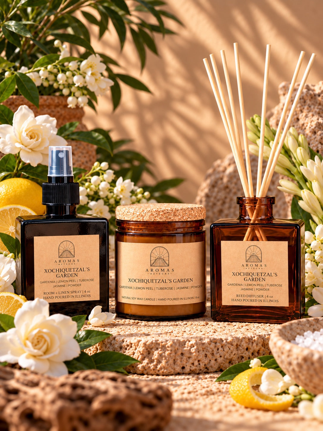 Aromas Aztecas Xochiquetzal’s Garden fragrance collection featuring an amber glass room + linen spray, amber glass soy candle, and amber glass reed diffuser with natural reeds inserted, styled with gardenia, lemon peel, tuberose, jasmine, and soft floral accents on a stone surface against a sunlit background.