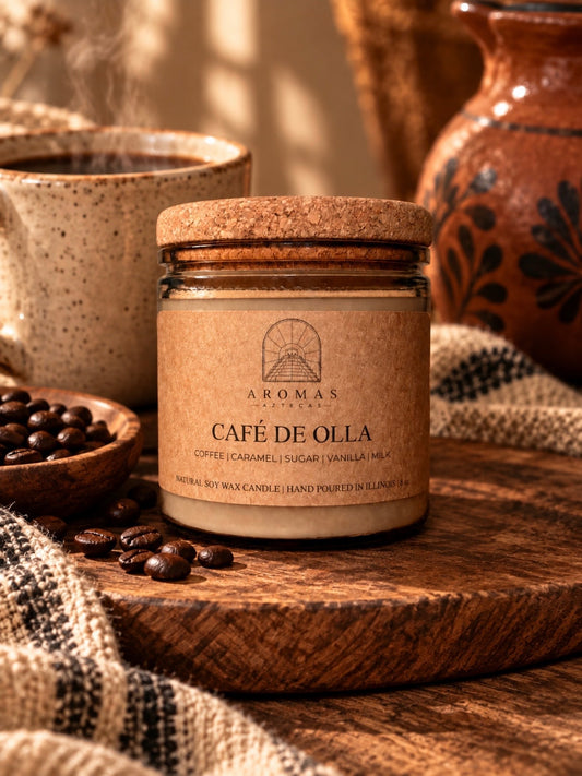 Aromas Aztecas Café de Olla soy candle with a cork lid on a rustic wooden board, surrounded by roasted coffee beans, a steaming cup of coffee, woven textile, and terracotta pottery in warm brown and cream tones.