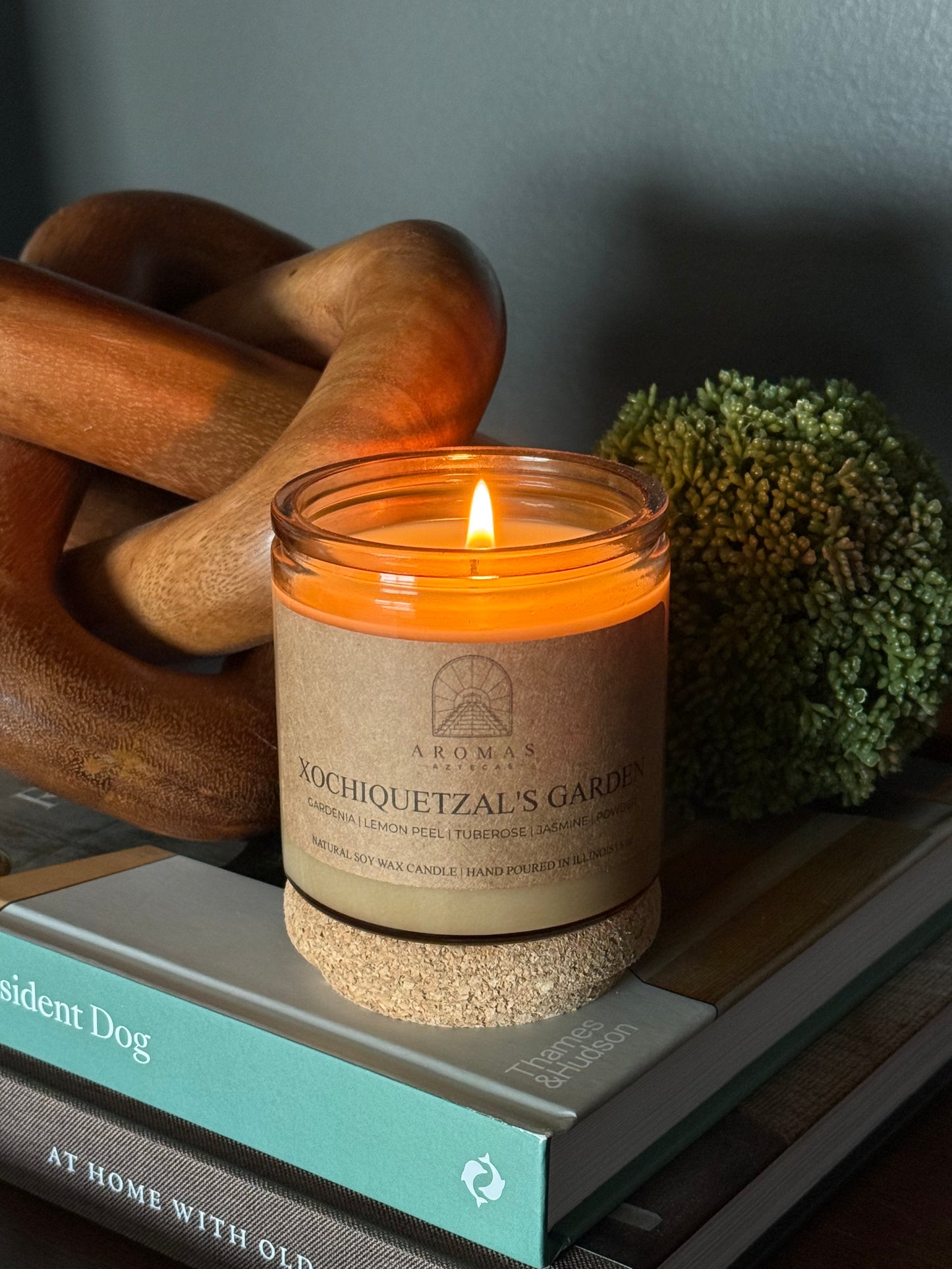 Aromas Aztecas Xochiquetzal's Garden soy candle lit in an amber glass vessel displayed on stacked books with a cork lid, wooden sculptural décor, and a green moss accent.